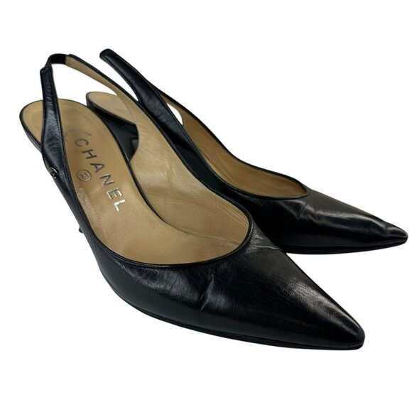 Chanel Shoes Slingback Heel Pumps Size 36/5.5 Black Leather Slip-On Pointed Toe - Picture 2 of 16